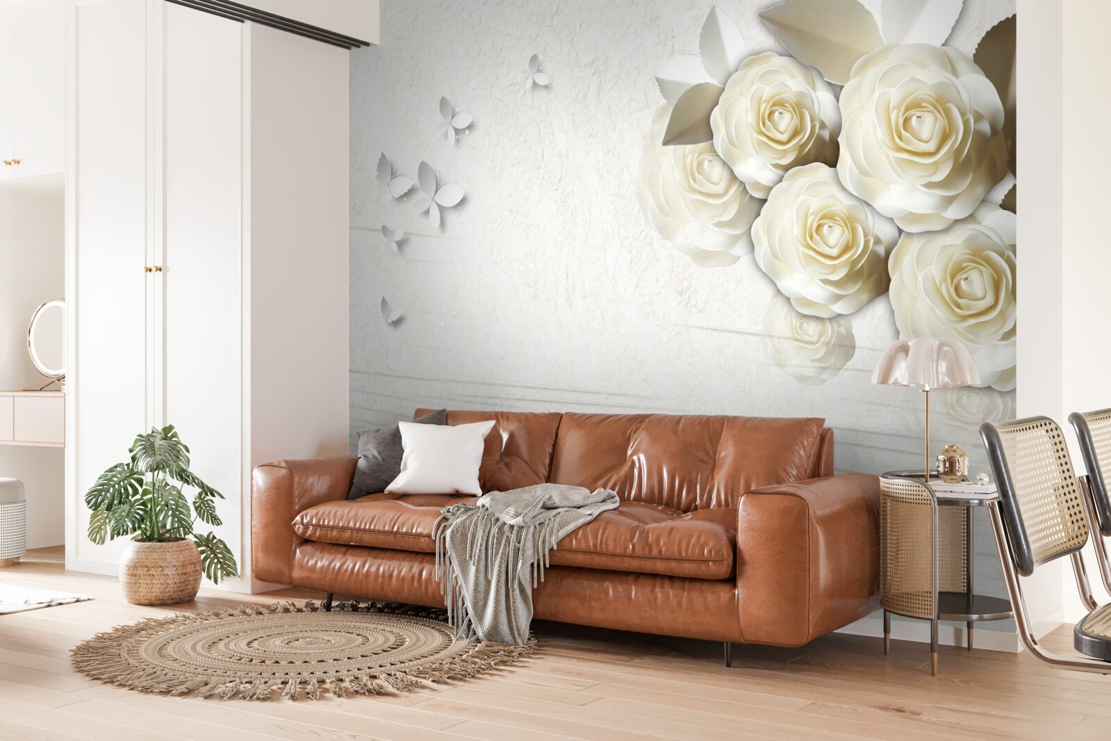 Фотошпалери метелики та білосніжні троянди