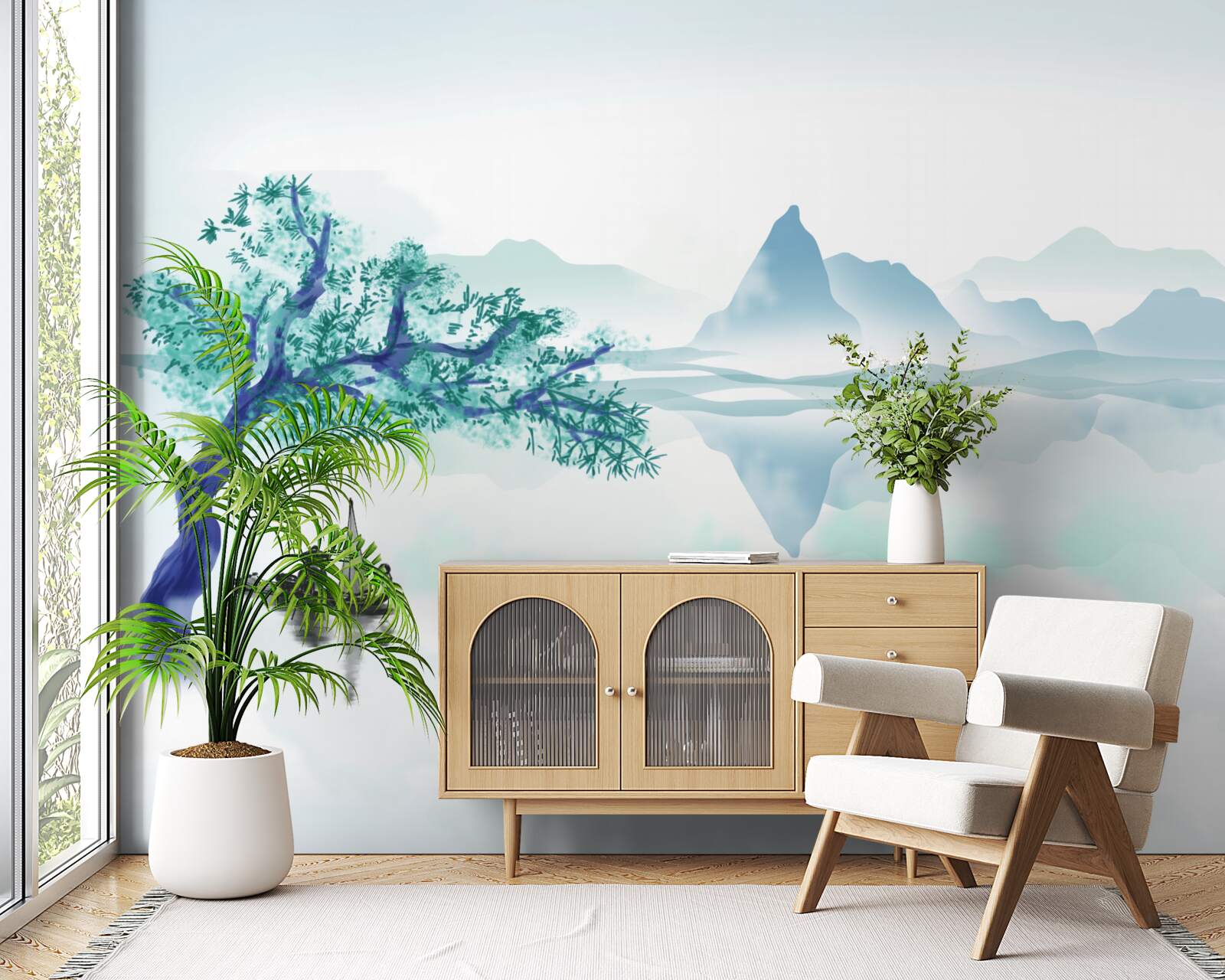 Фотошпалери самотній рибалка біля стовбура дерева на березі водойми