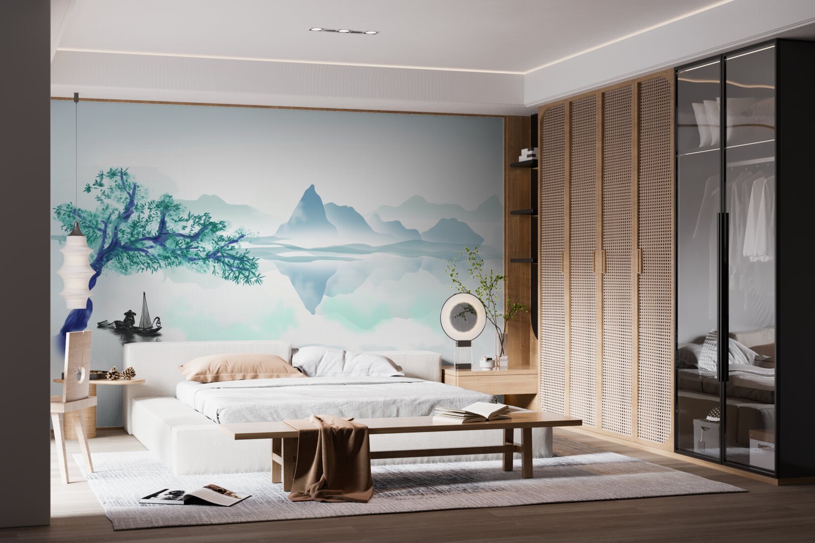 Фотошпалери самотній рибалка біля стовбура дерева на березі водойми