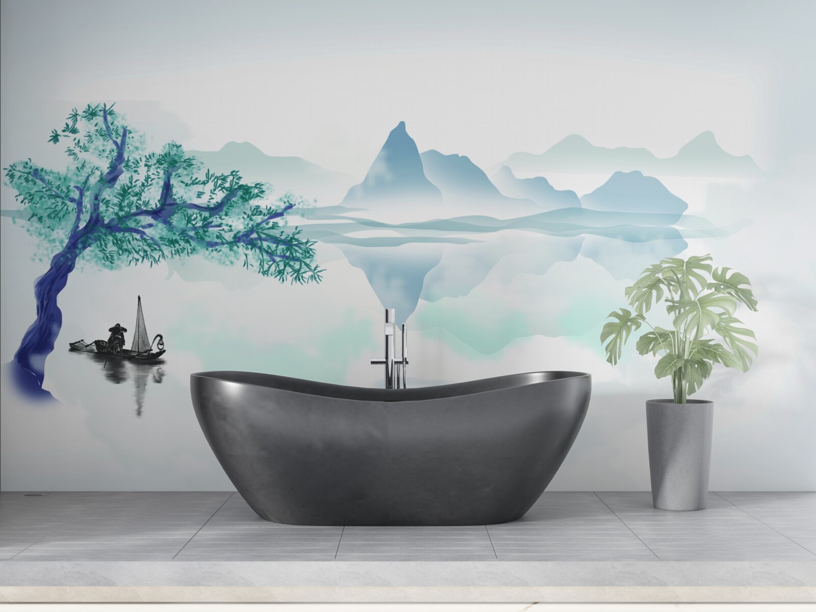 Фотошпалери самотній рибалка біля стовбура дерева на березі водойми