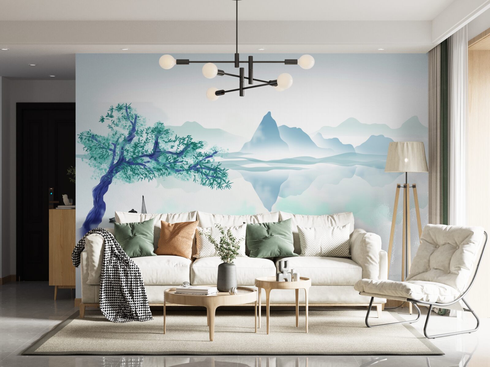 Фотошпалери самотній рибалка біля стовбура дерева на березі водойми