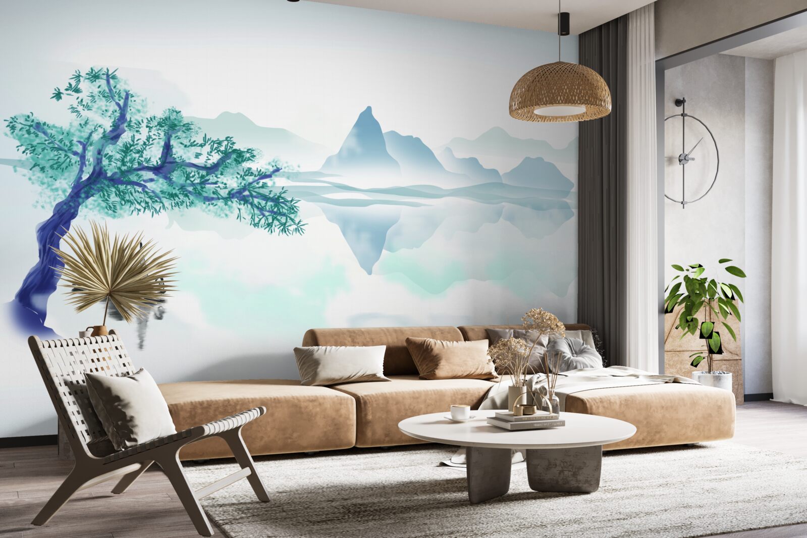 Фотошпалери самотній рибалка біля стовбура дерева на березі водойми