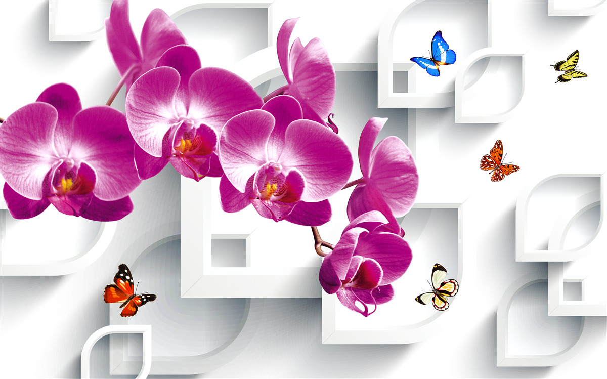 Фотошпалери бузкова орхідея, прикрашена метеликами