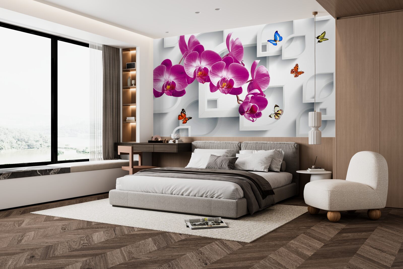 Фотошпалери бузкова орхідея, прикрашена метеликами