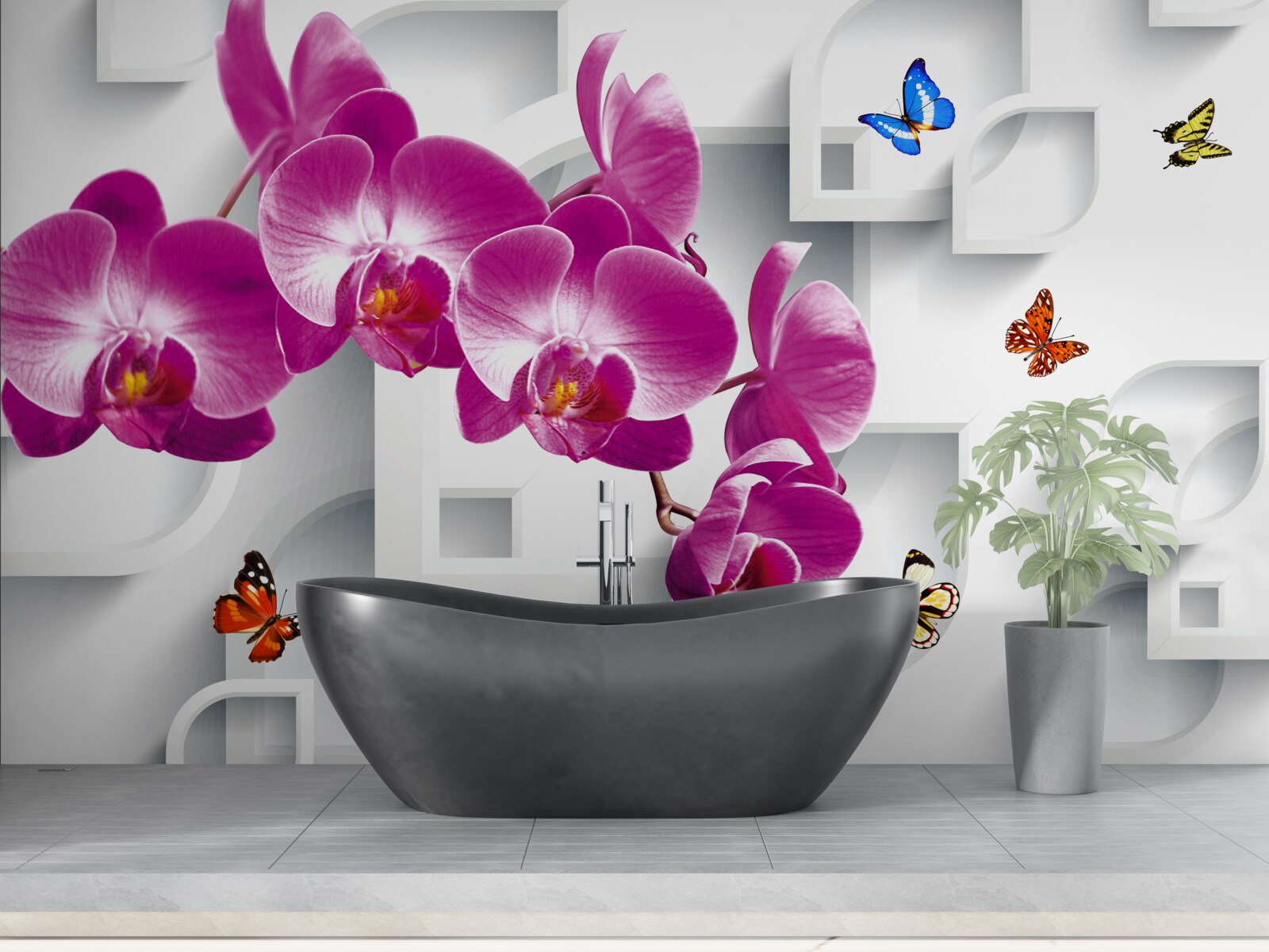 Фотошпалери бузкова орхідея, прикрашена метеликами