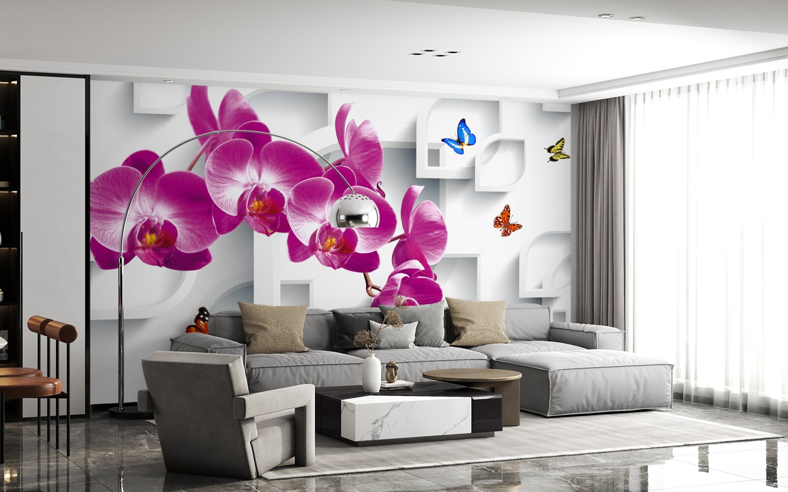 Фотошпалери бузкова орхідея, прикрашена метеликами