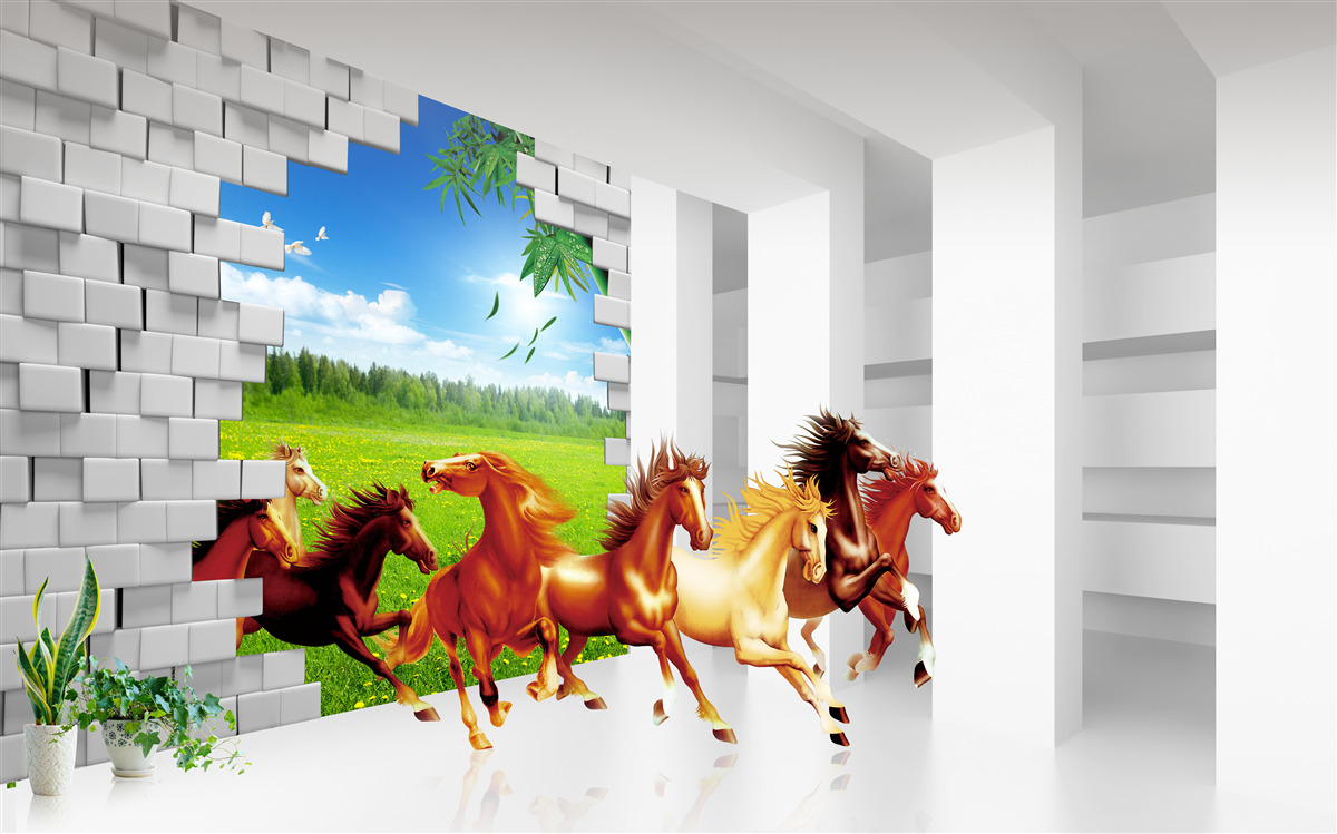 Фотошпалери з лугу вибігають представники різних порід коней