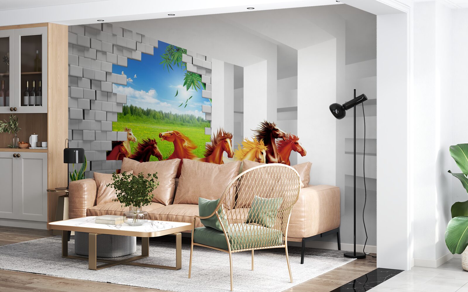 Фотошпалери з лугу вибігають представники різних порід коней