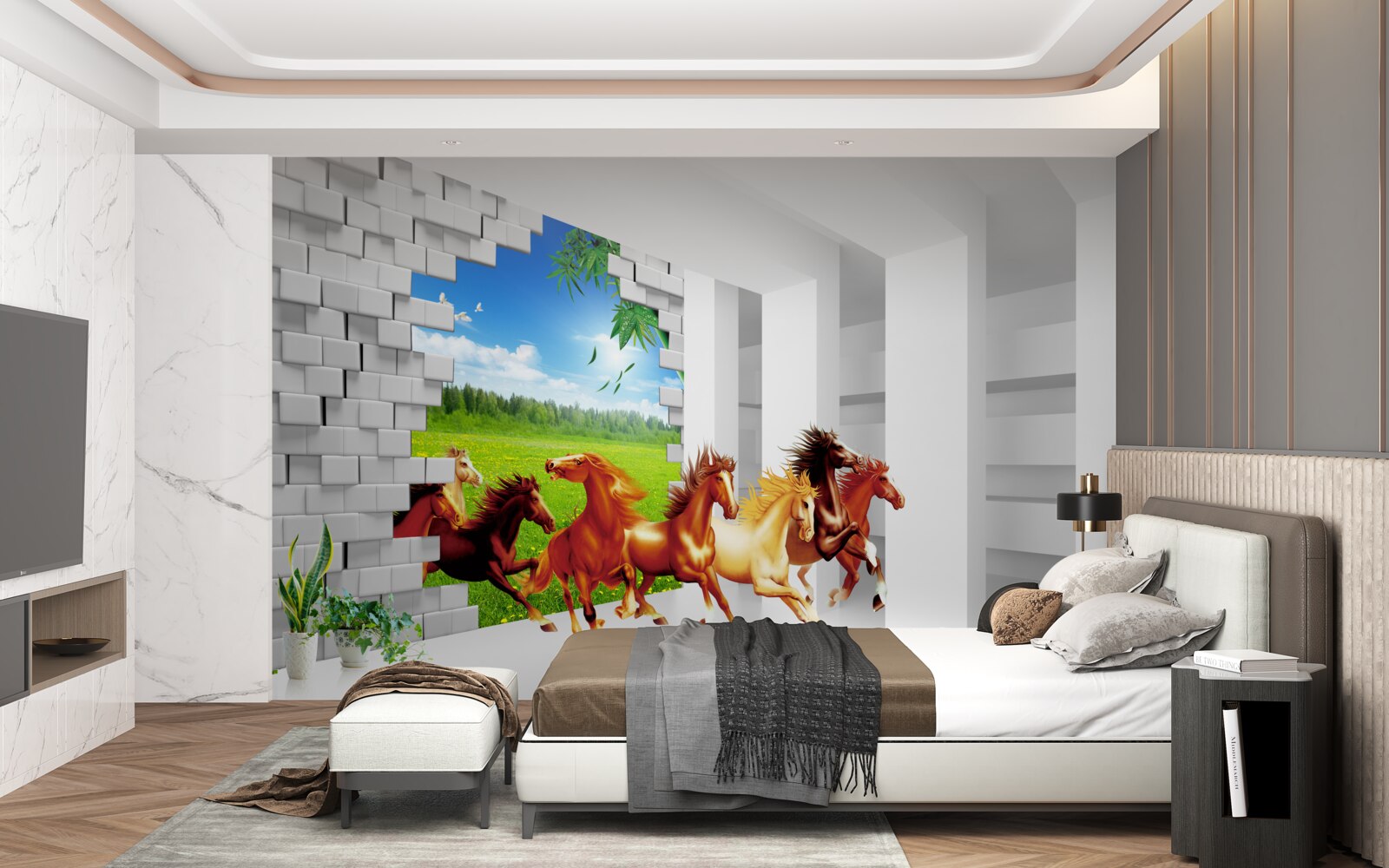 Фотошпалери з лугу вибігають представники різних порід коней