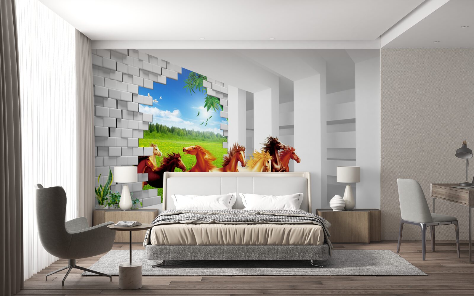 Фотошпалери з лугу вибігають представники різних порід коней