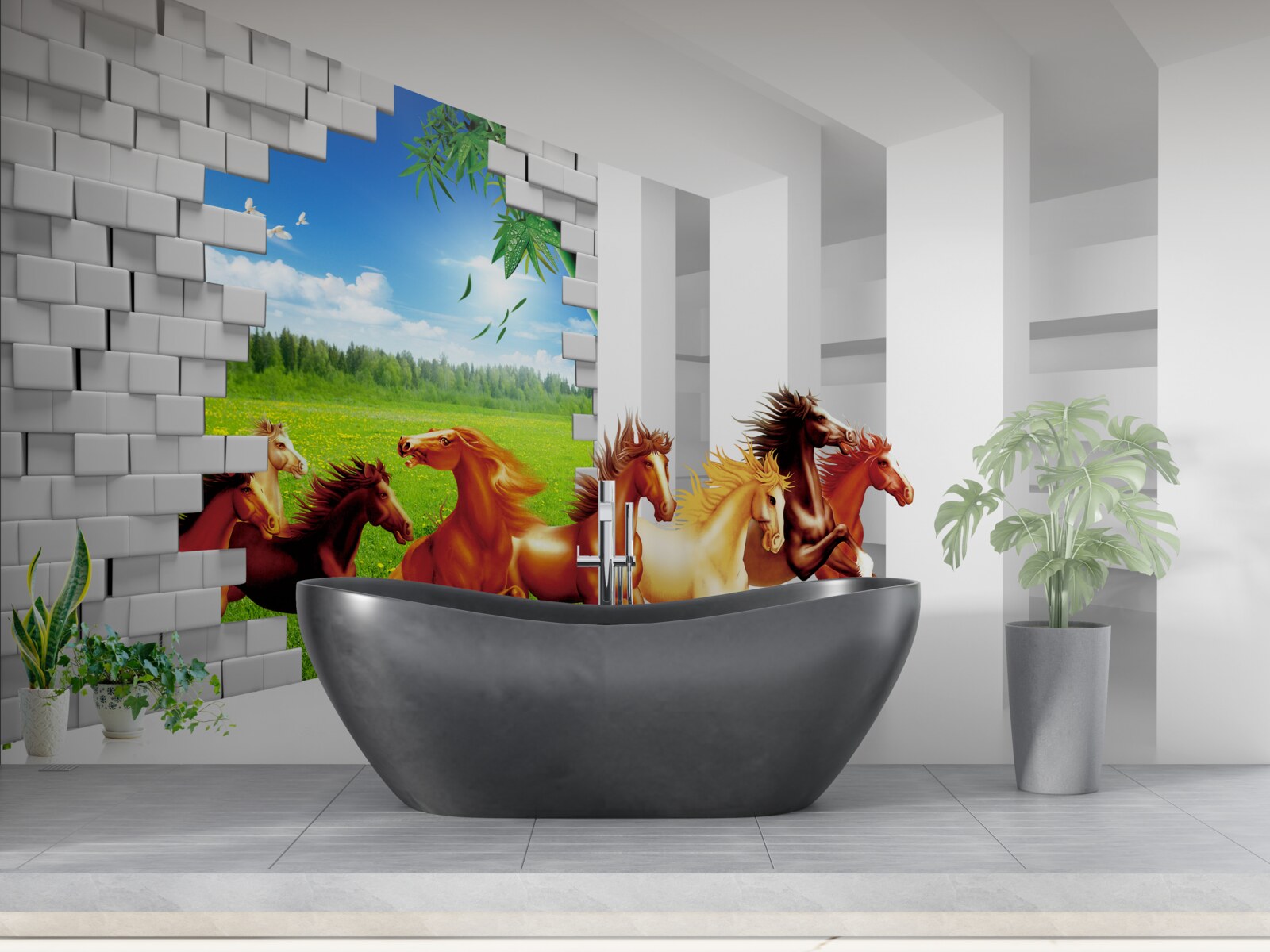 Фотошпалери з лугу вибігають представники різних порід коней