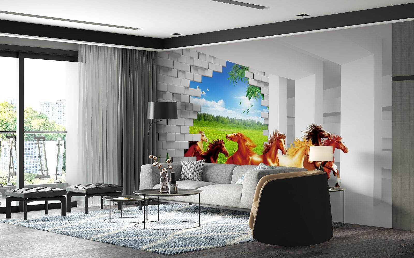 Фотошпалери з лугу вибігають представники різних порід коней