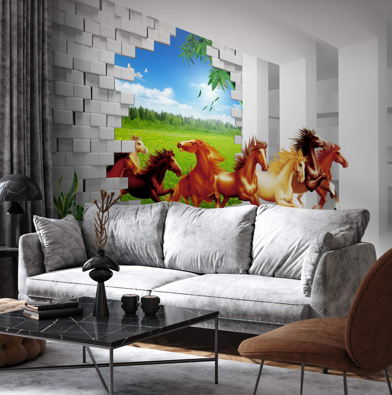 Фотошпалери з лугу вибігають представники різних порід коней