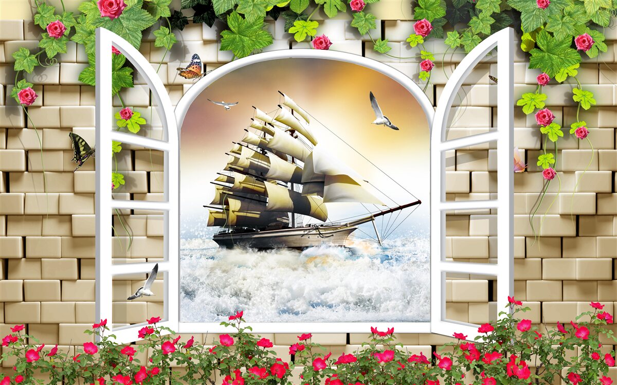 Фотошпалери вікно з панорамним видом на вітрильник