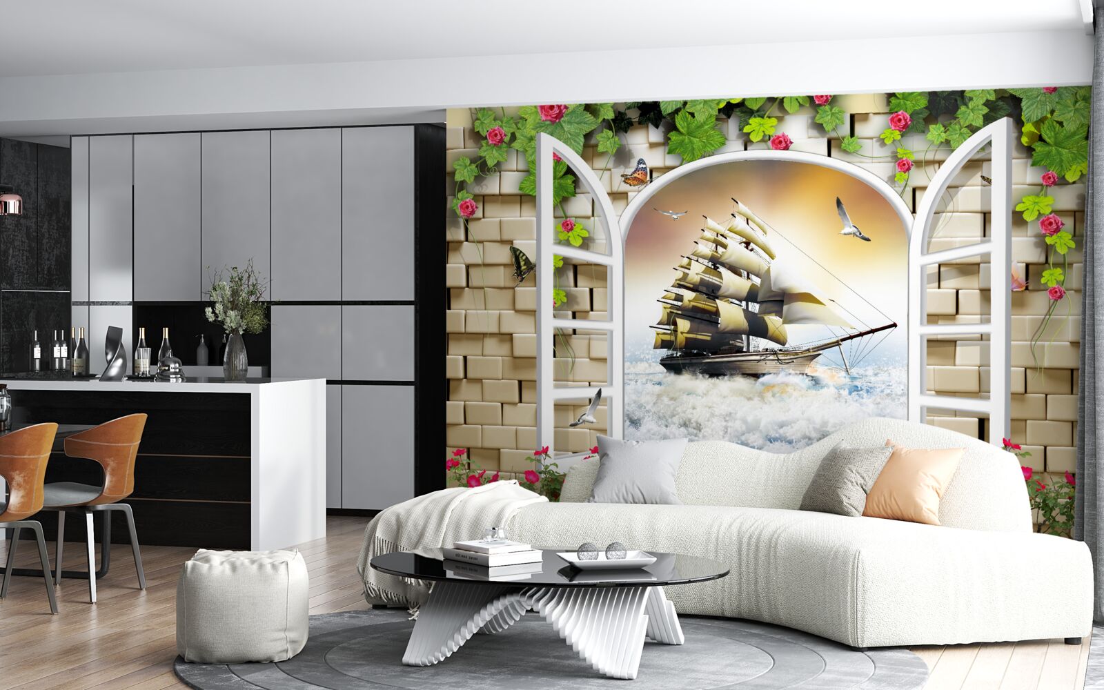 Фотошпалери вікно з панорамним видом на вітрильник