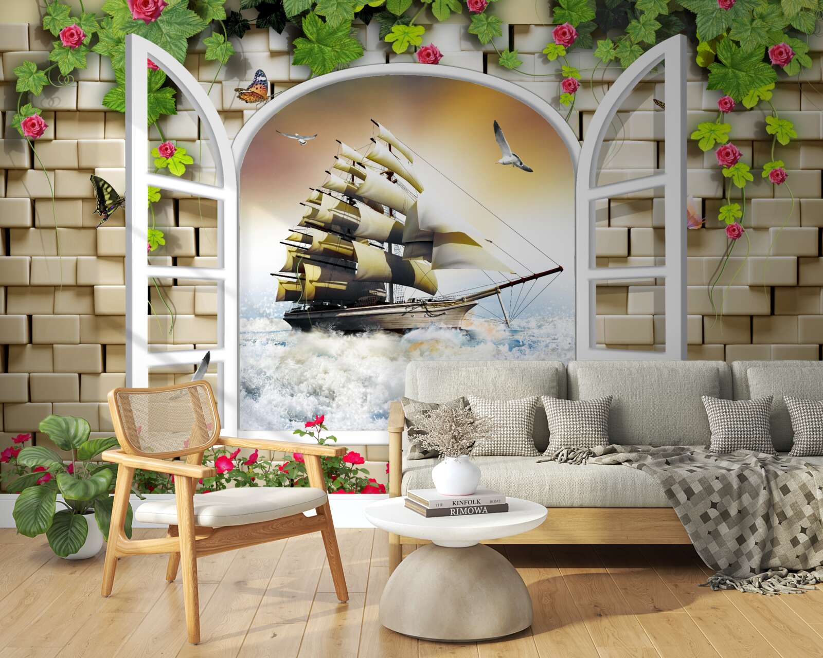 Фотошпалери вікно з панорамним видом на вітрильник