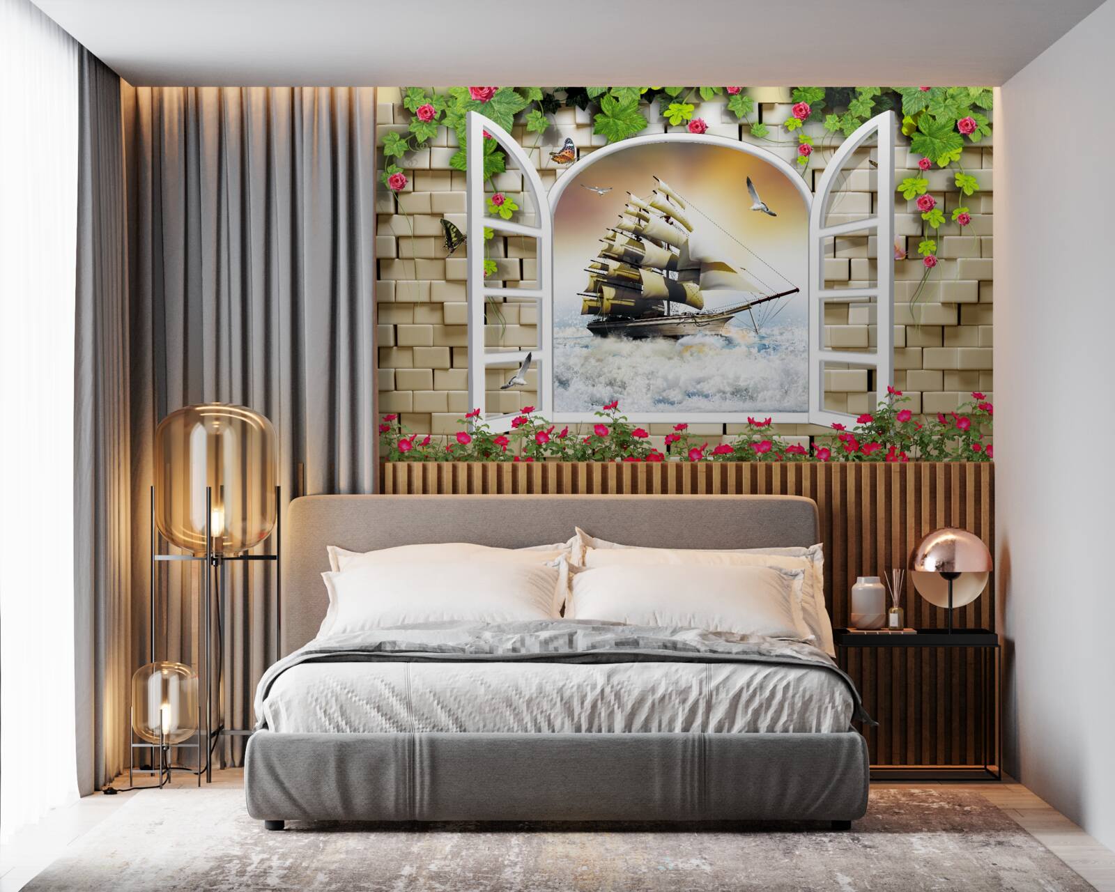 Фотошпалери вікно з панорамним видом на вітрильник