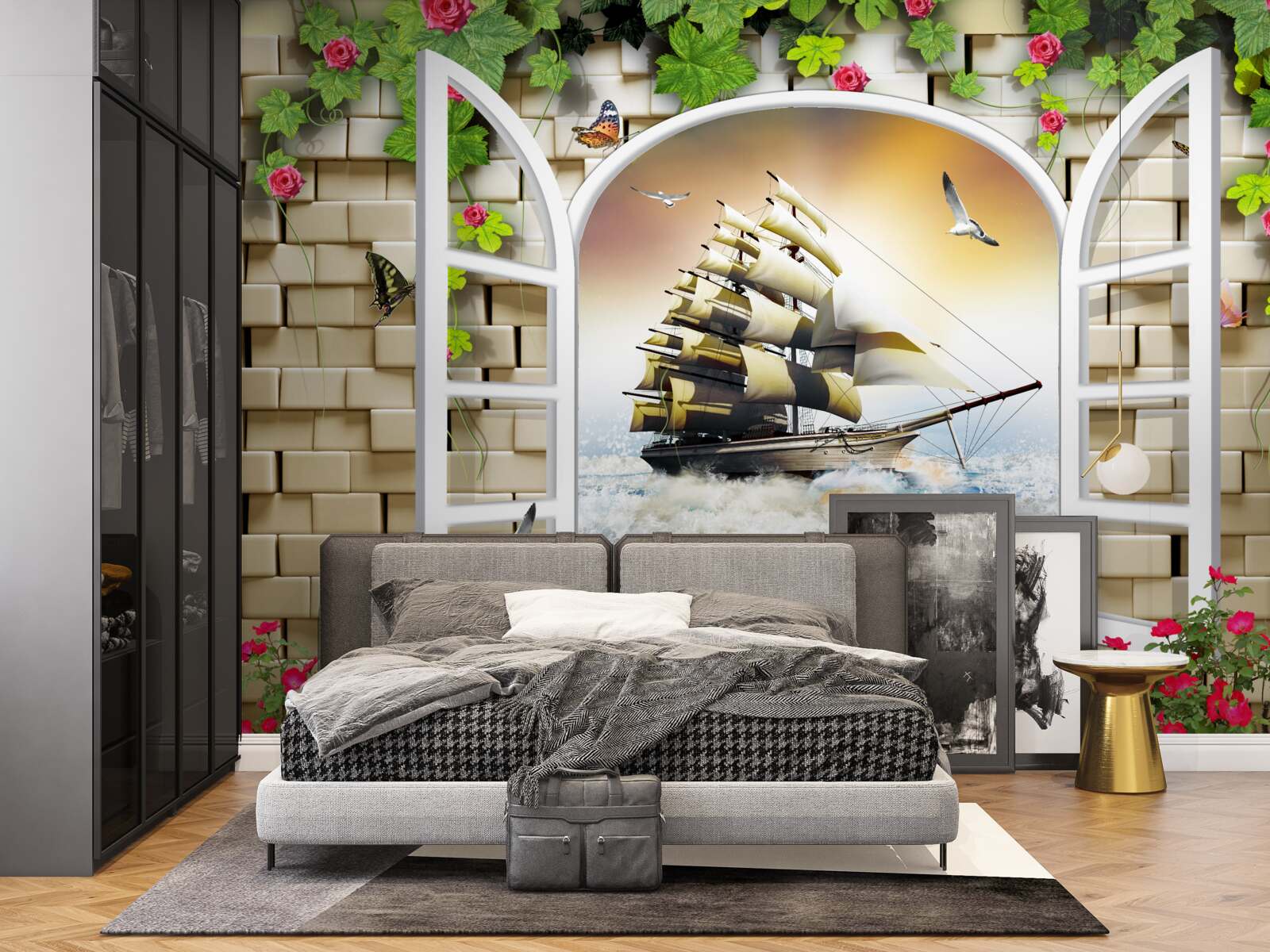 Фотошпалери вікно з панорамним видом на вітрильник