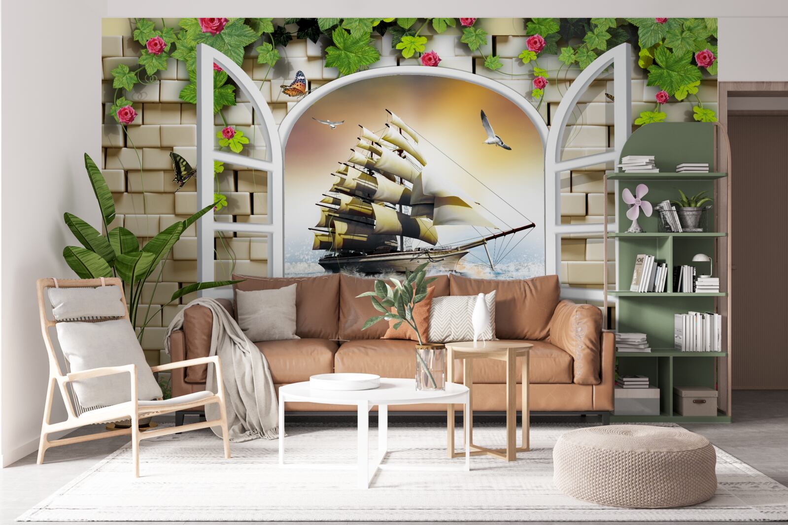 Фотошпалери вікно з панорамним видом на вітрильник