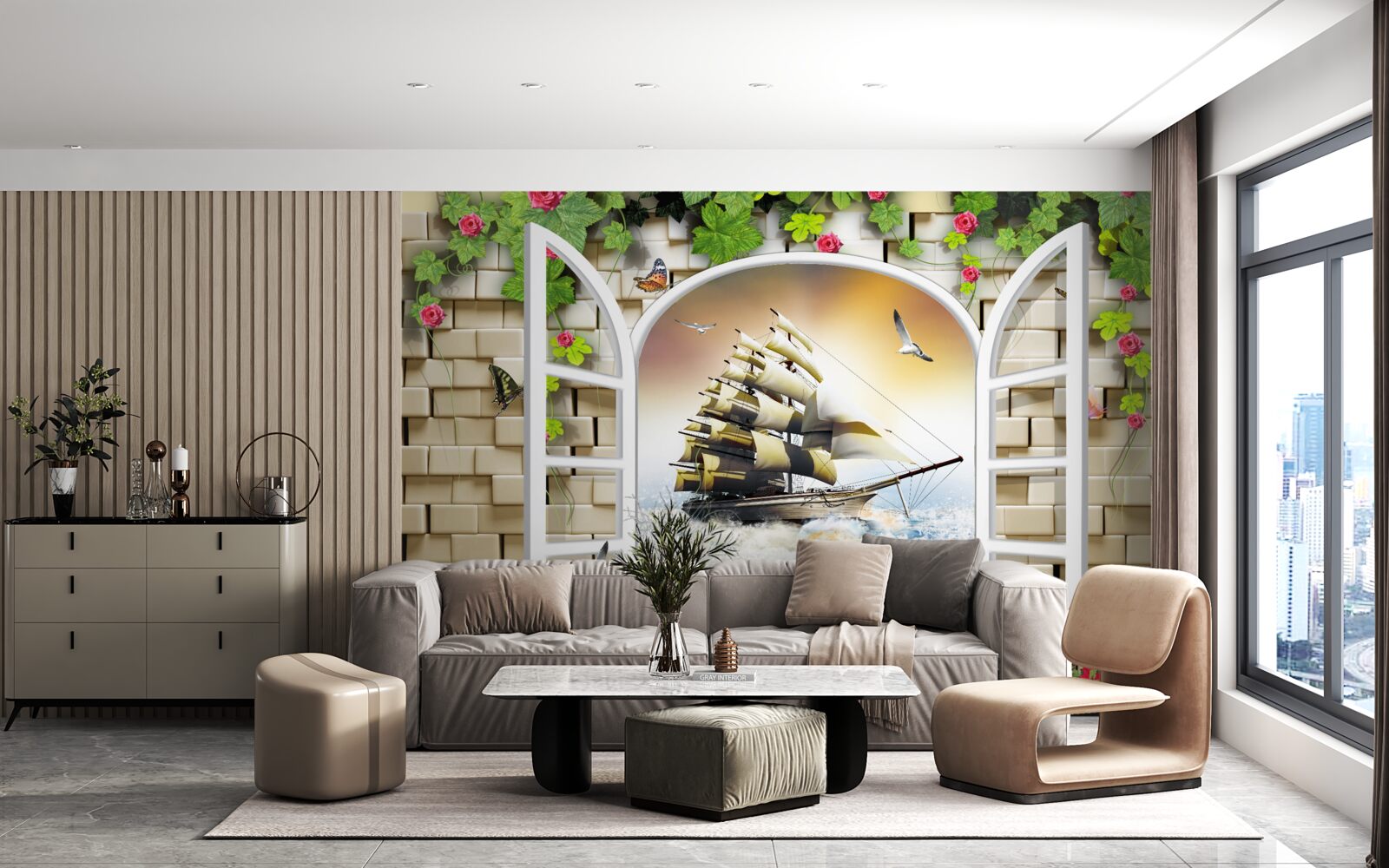 Фотошпалери вікно з панорамним видом на вітрильник