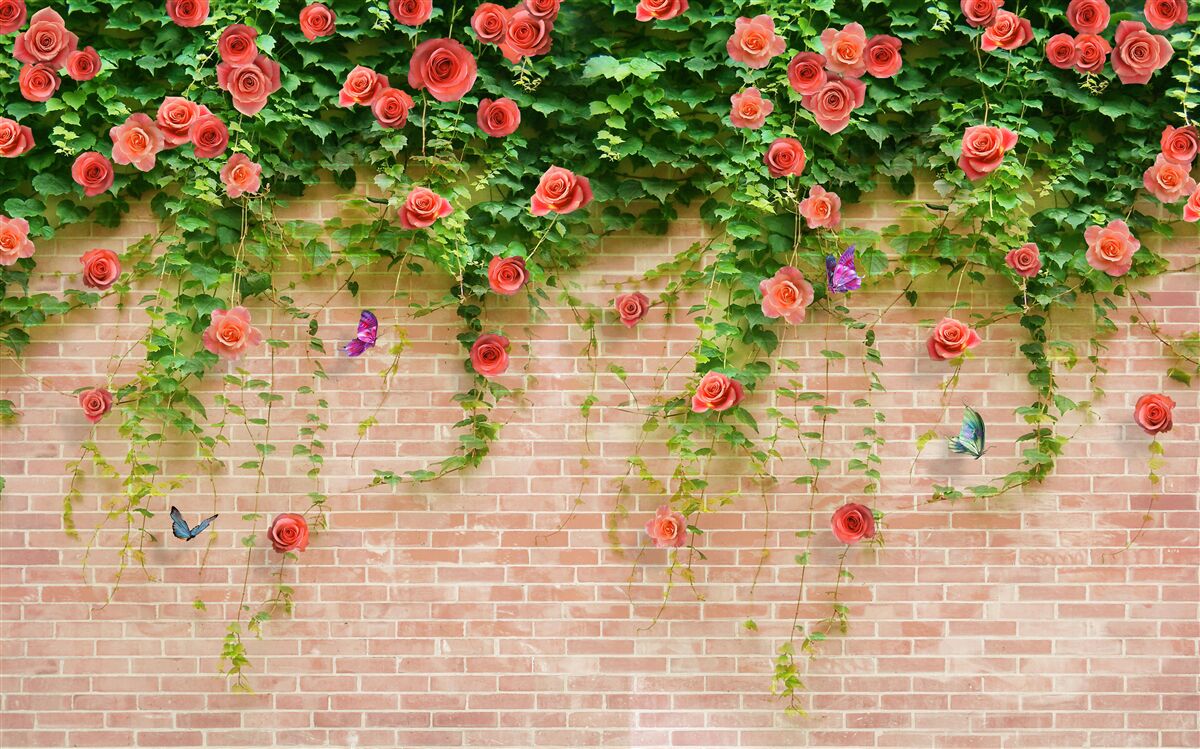 Фотошпалери малинові квіти на цегляній стіні