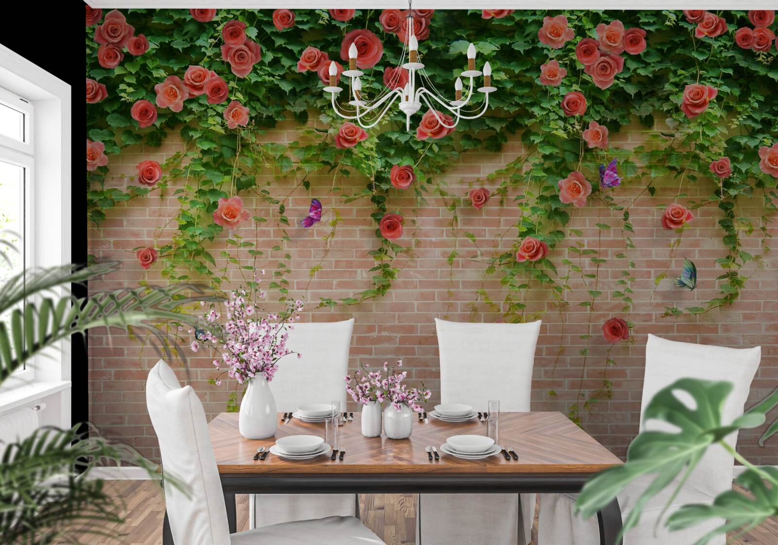 Фотошпалери малинові квіти на цегляній стіні