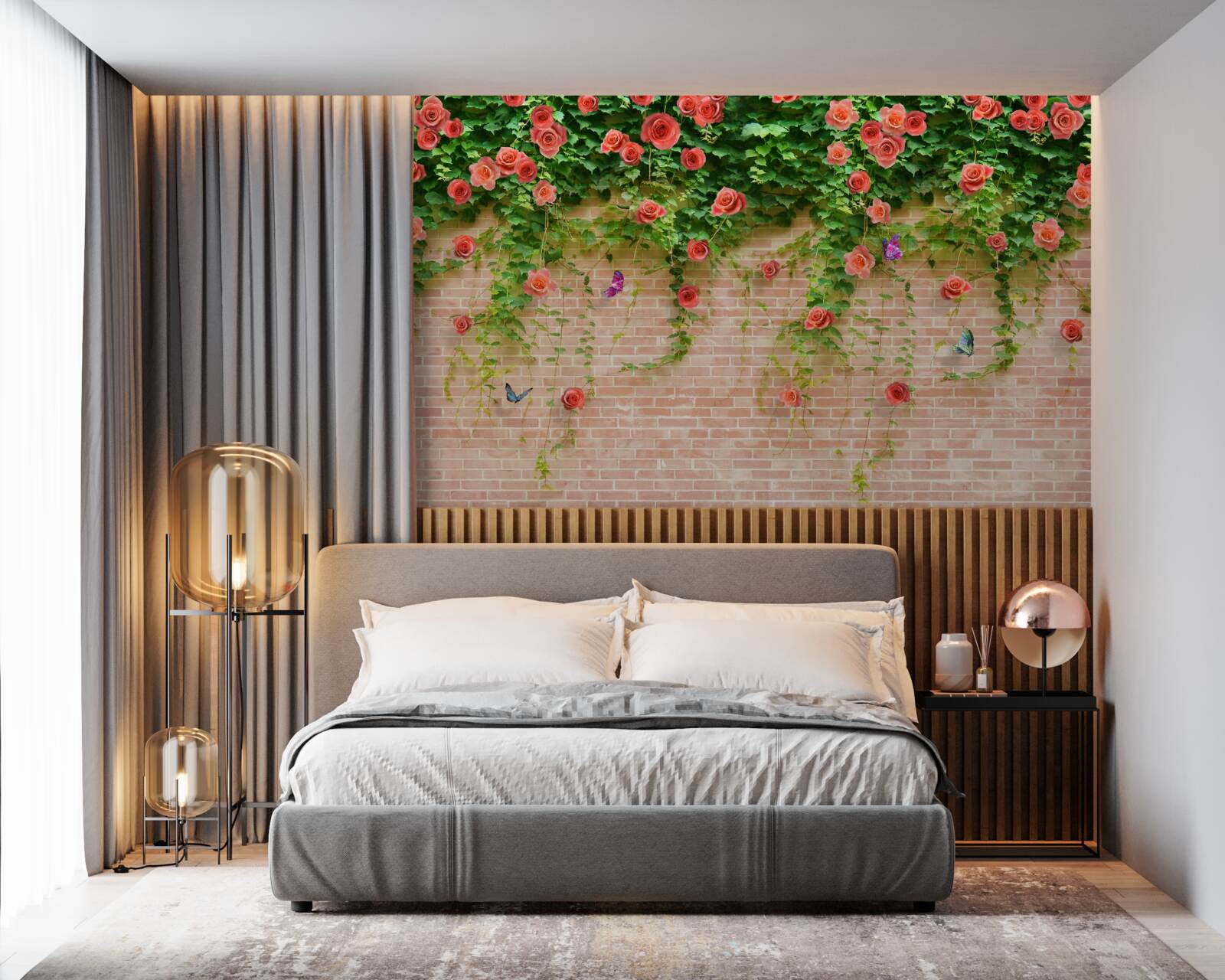 Фотошпалери малинові квіти на цегляній стіні