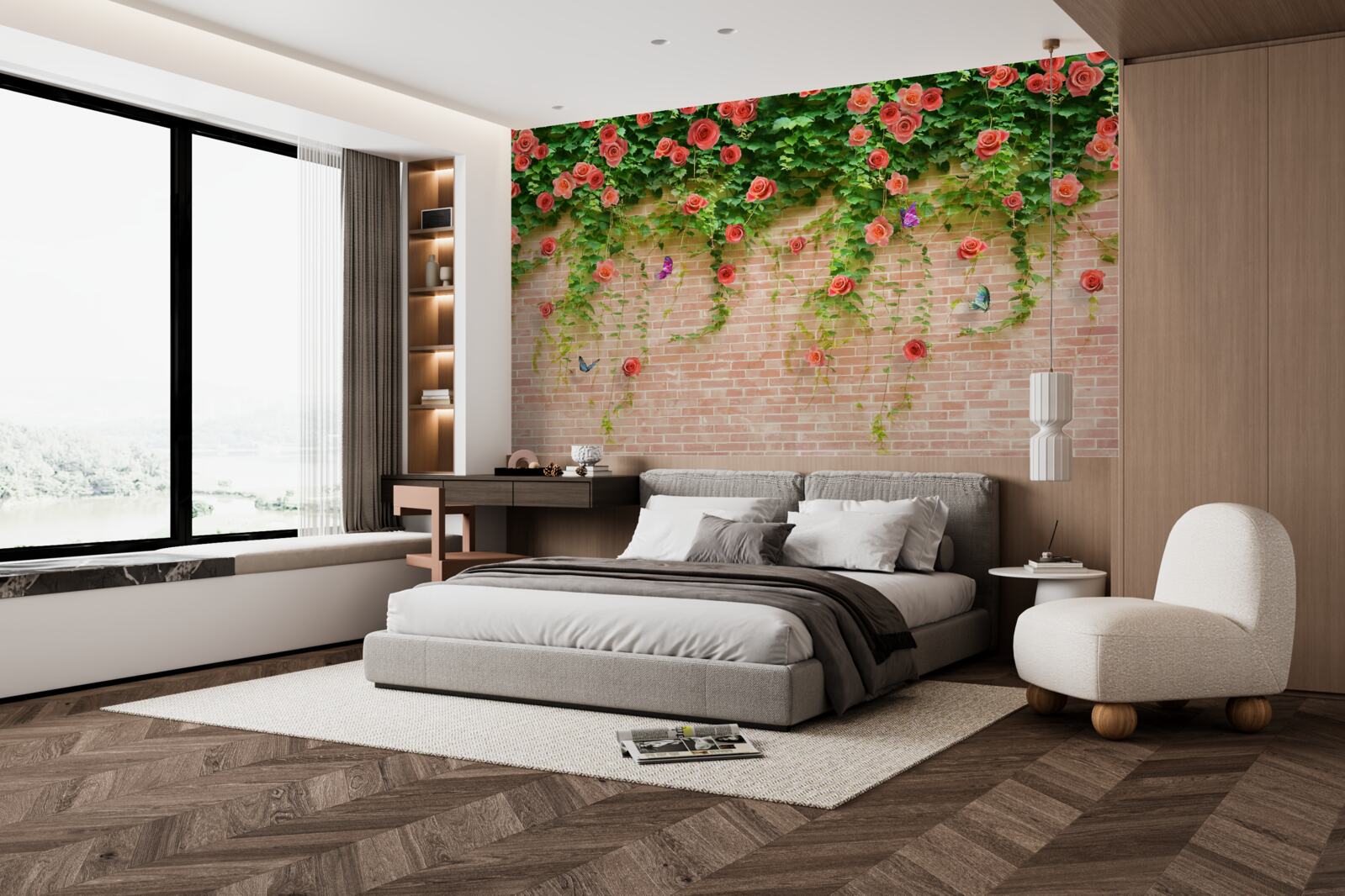 Фотошпалери малинові квіти на цегляній стіні