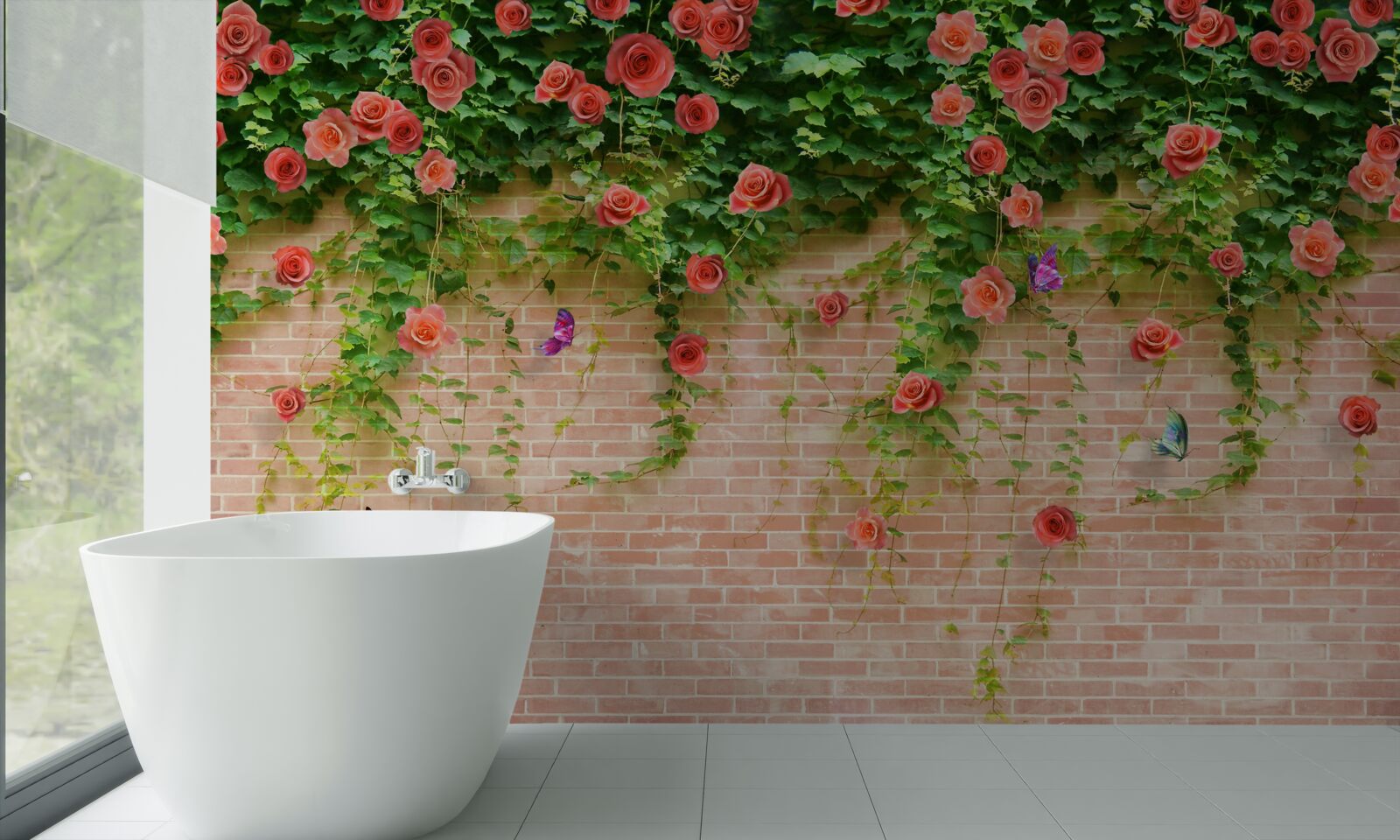Фотошпалери малинові квіти на цегляній стіні
