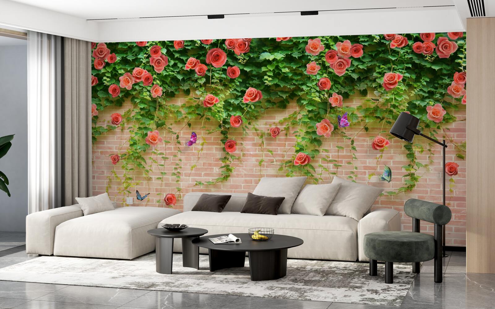 Фотошпалери малинові квіти на цегляній стіні