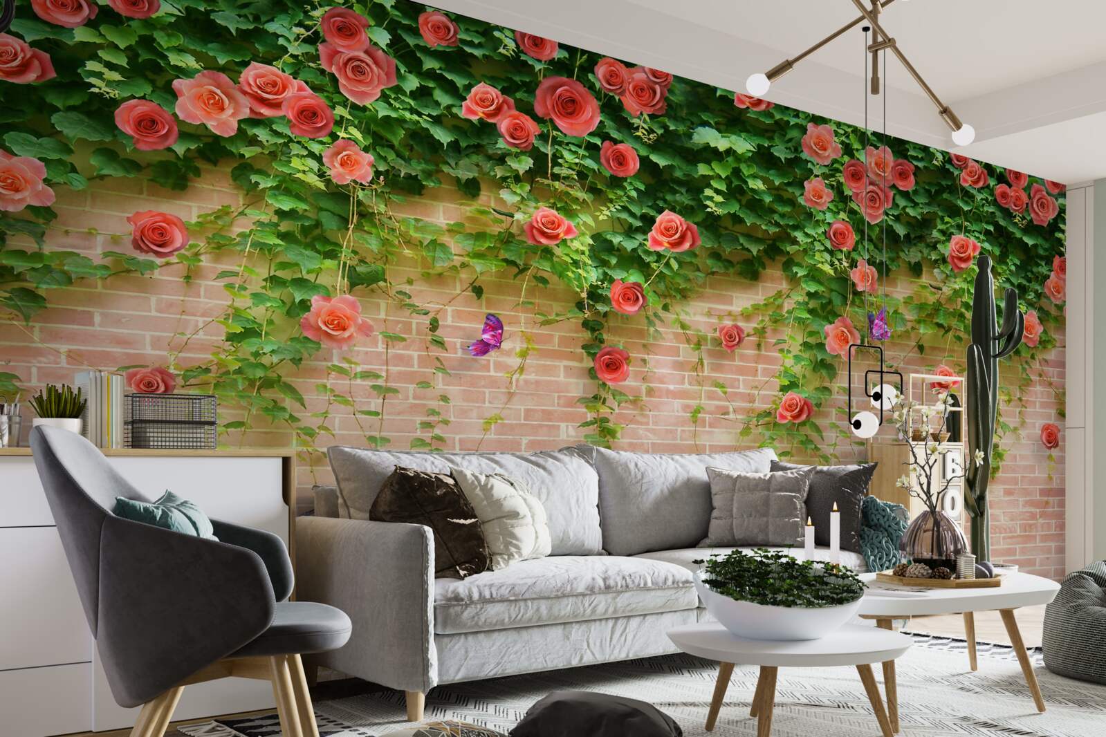 Фотошпалери малинові квіти на цегляній стіні