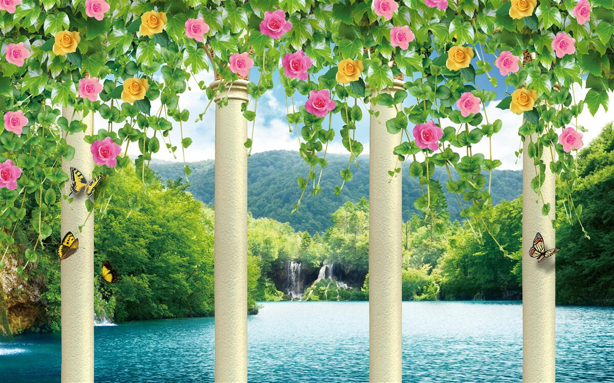 Фотошпалери прекрасний вид на водоспад крізь барви квітів