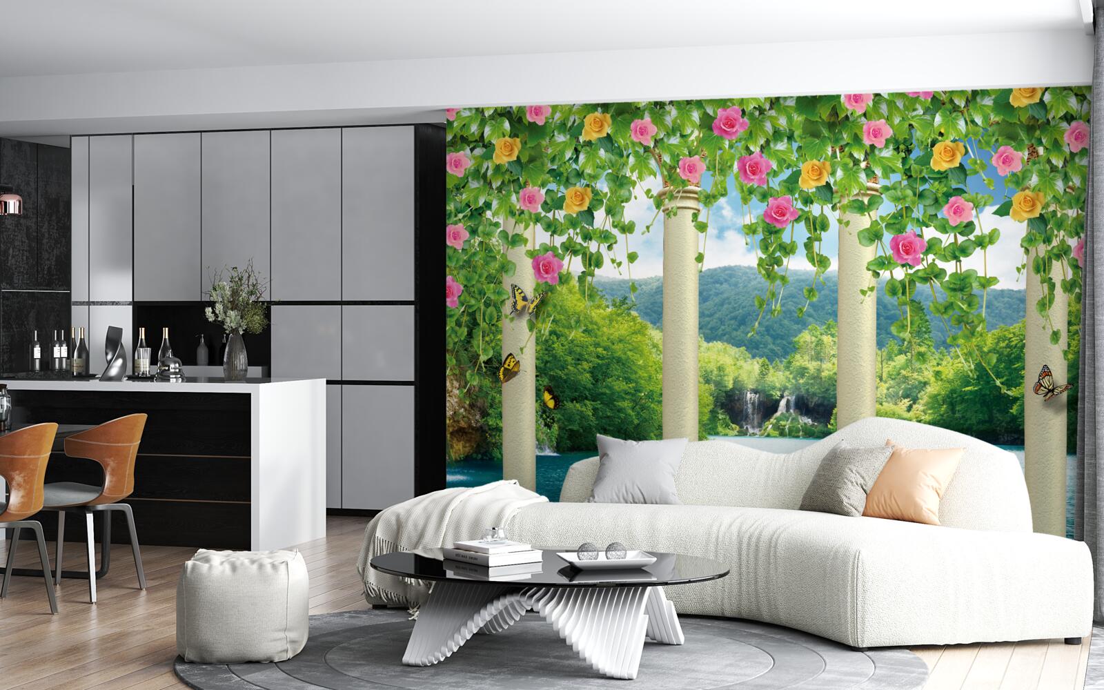 Фотошпалери прекрасний вид на водоспад крізь барви квітів