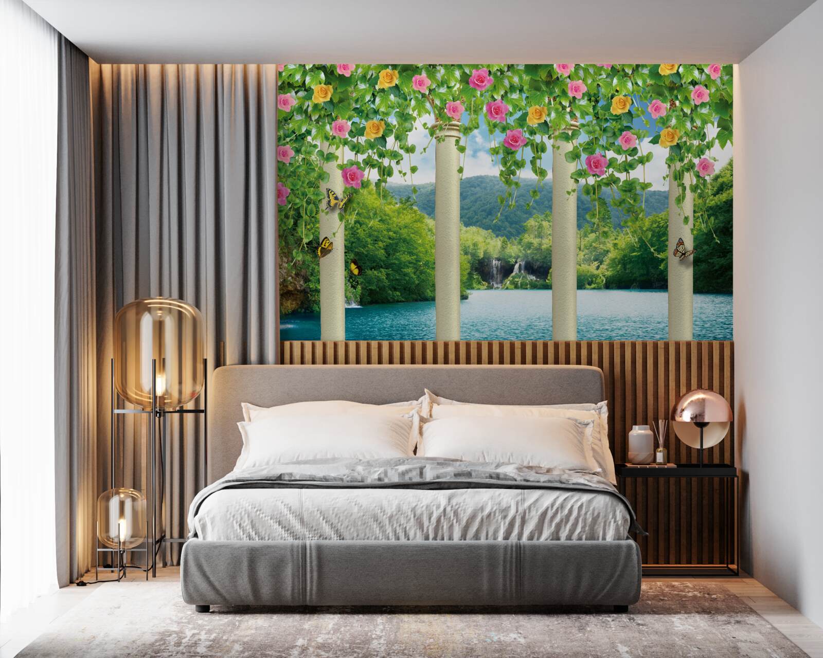 Фотошпалери прекрасний вид на водоспад крізь барви квітів