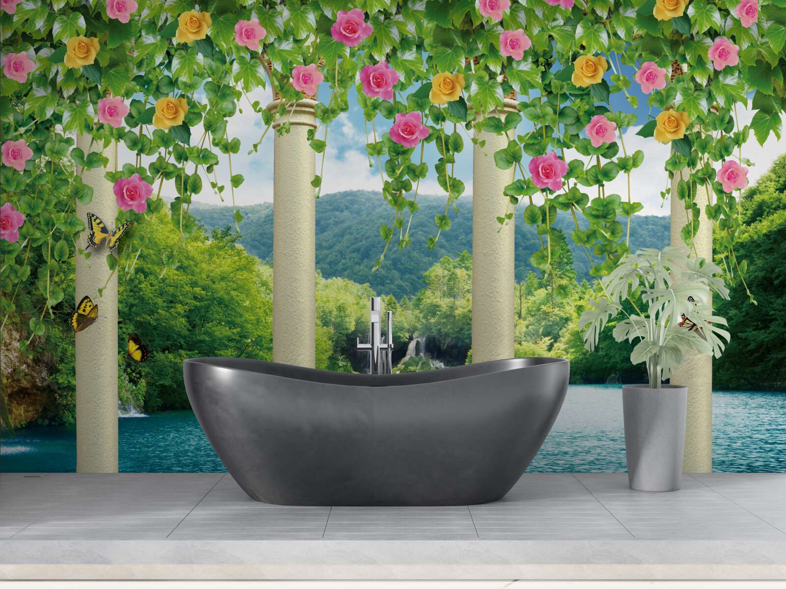 Фотошпалери прекрасний вид на водоспад крізь барви квітів