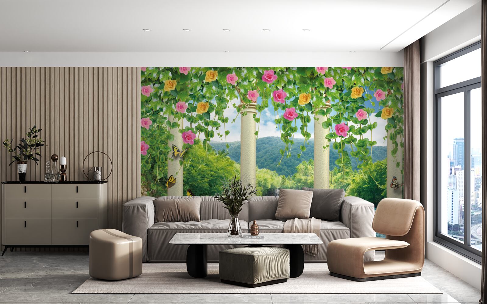 Фотошпалери прекрасний вид на водоспад крізь барви квітів