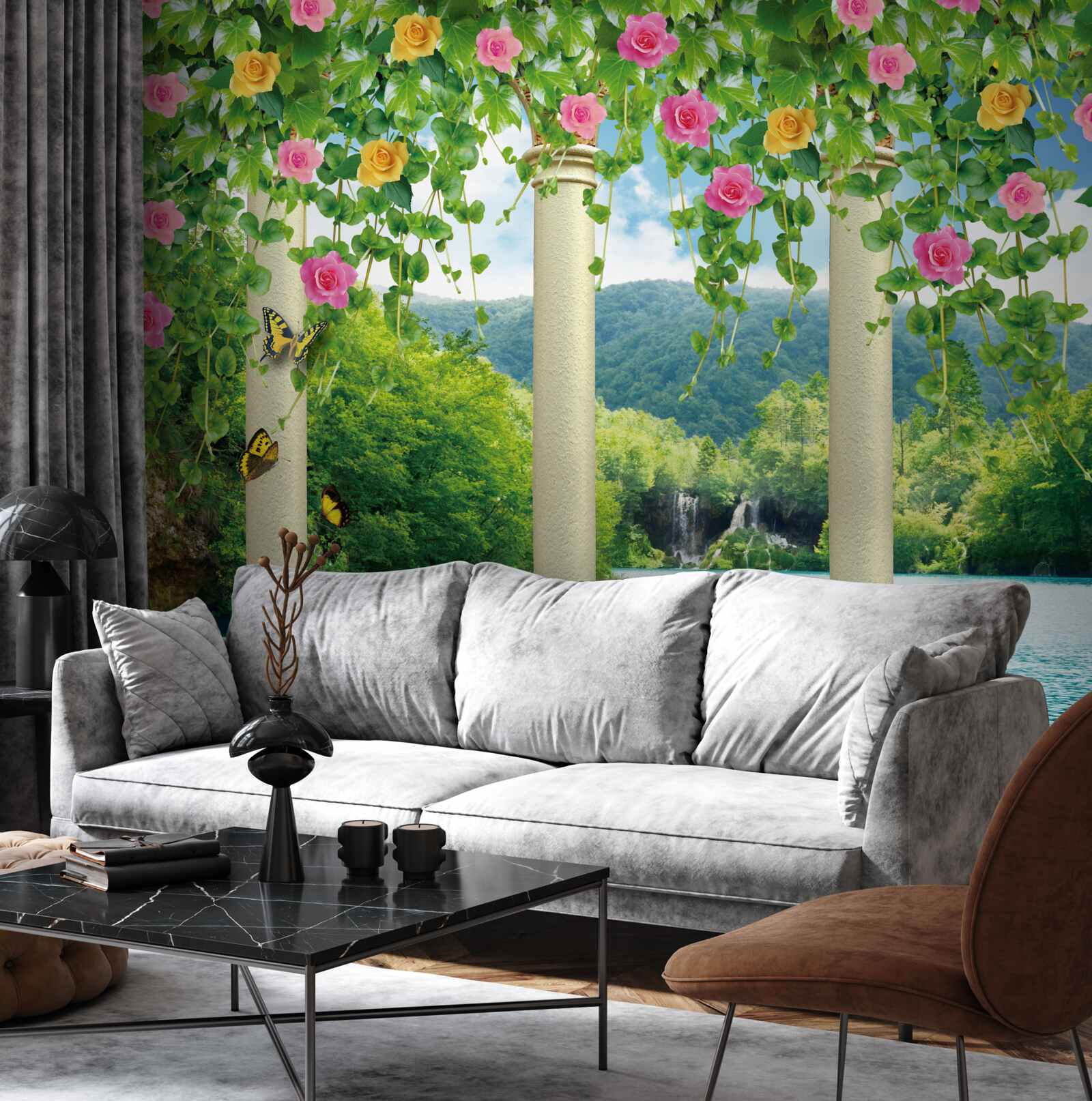 Фотошпалери прекрасний вид на водоспад крізь барви квітів