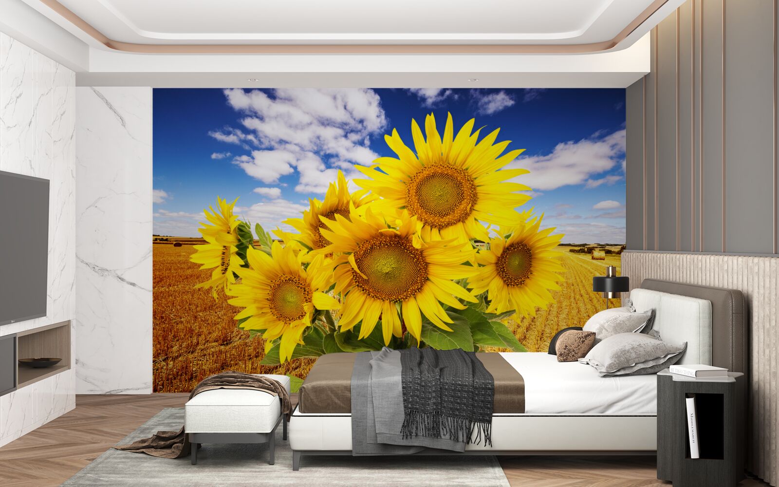 Фотошпалери на тлі неба і поля пшениці видніється букет соняшників