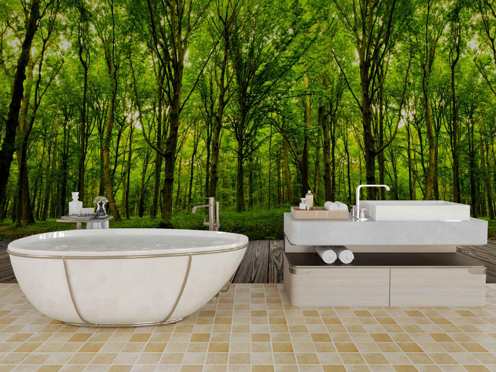 Фотошпалери зелений ліс, стрункий і багатий, осяяний сонячними променями