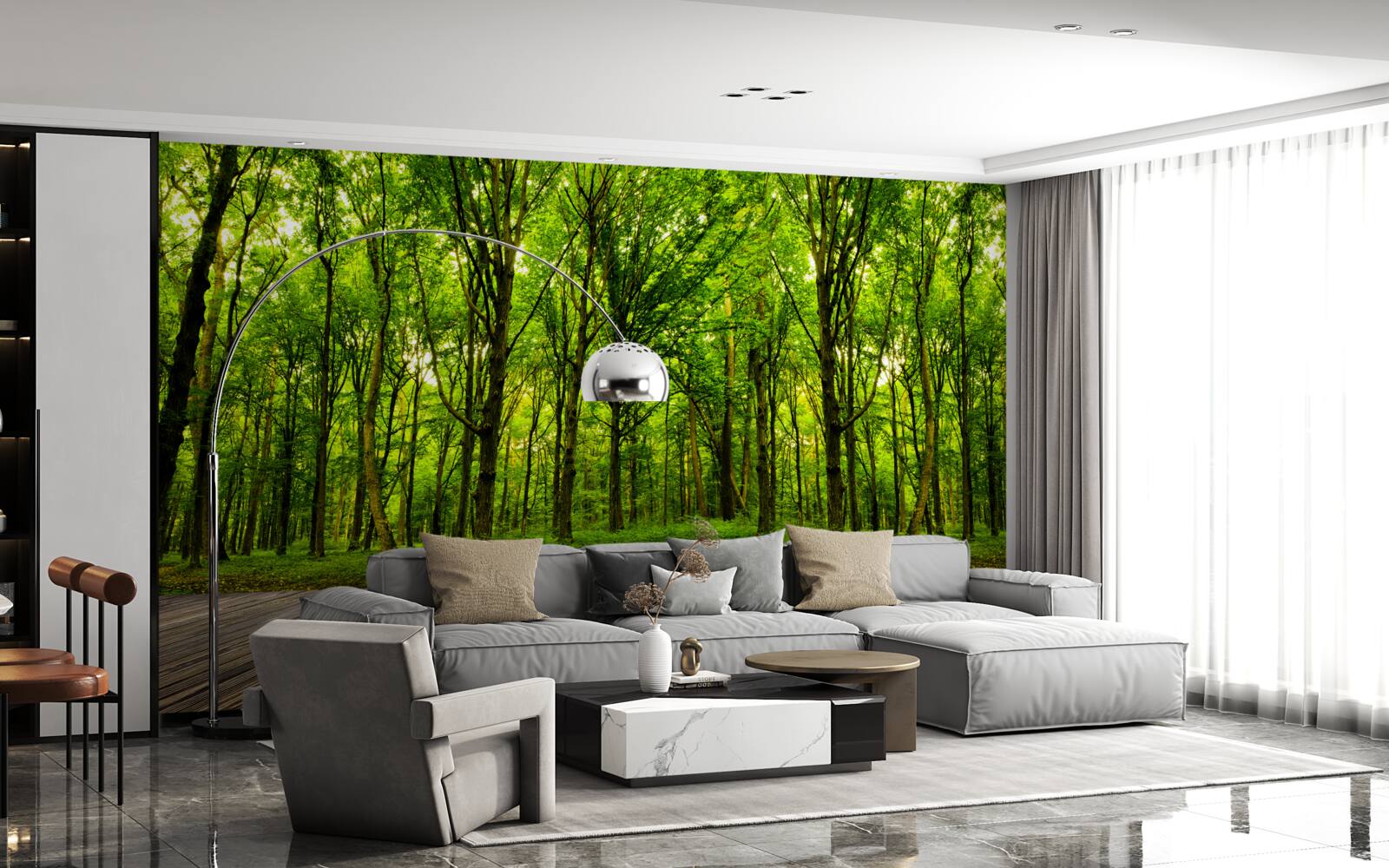 Фотошпалери зелений ліс, стрункий і багатий, осяяний сонячними променями