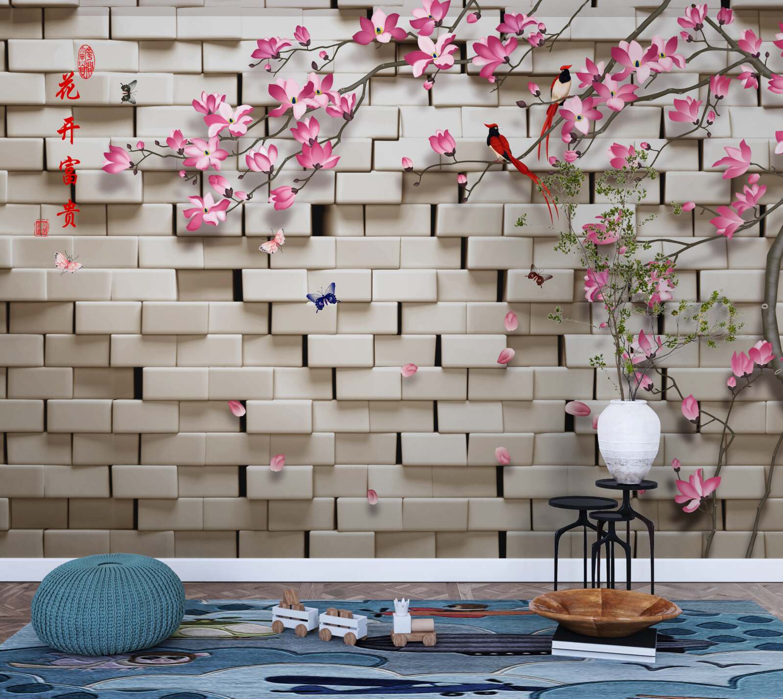 Фотошпалери кам'яна стіна та рожеві квіти