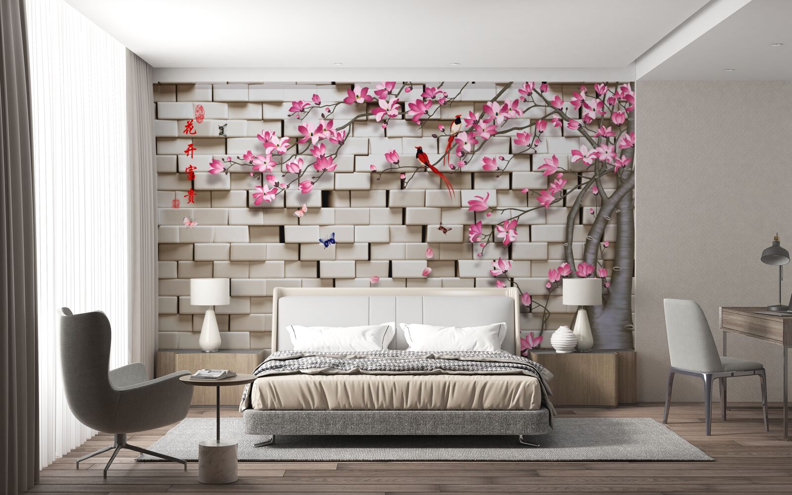 Фотошпалери кам'яна стіна та рожеві квіти