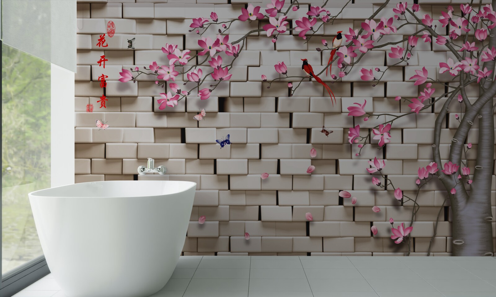 Фотошпалери кам'яна стіна та рожеві квіти