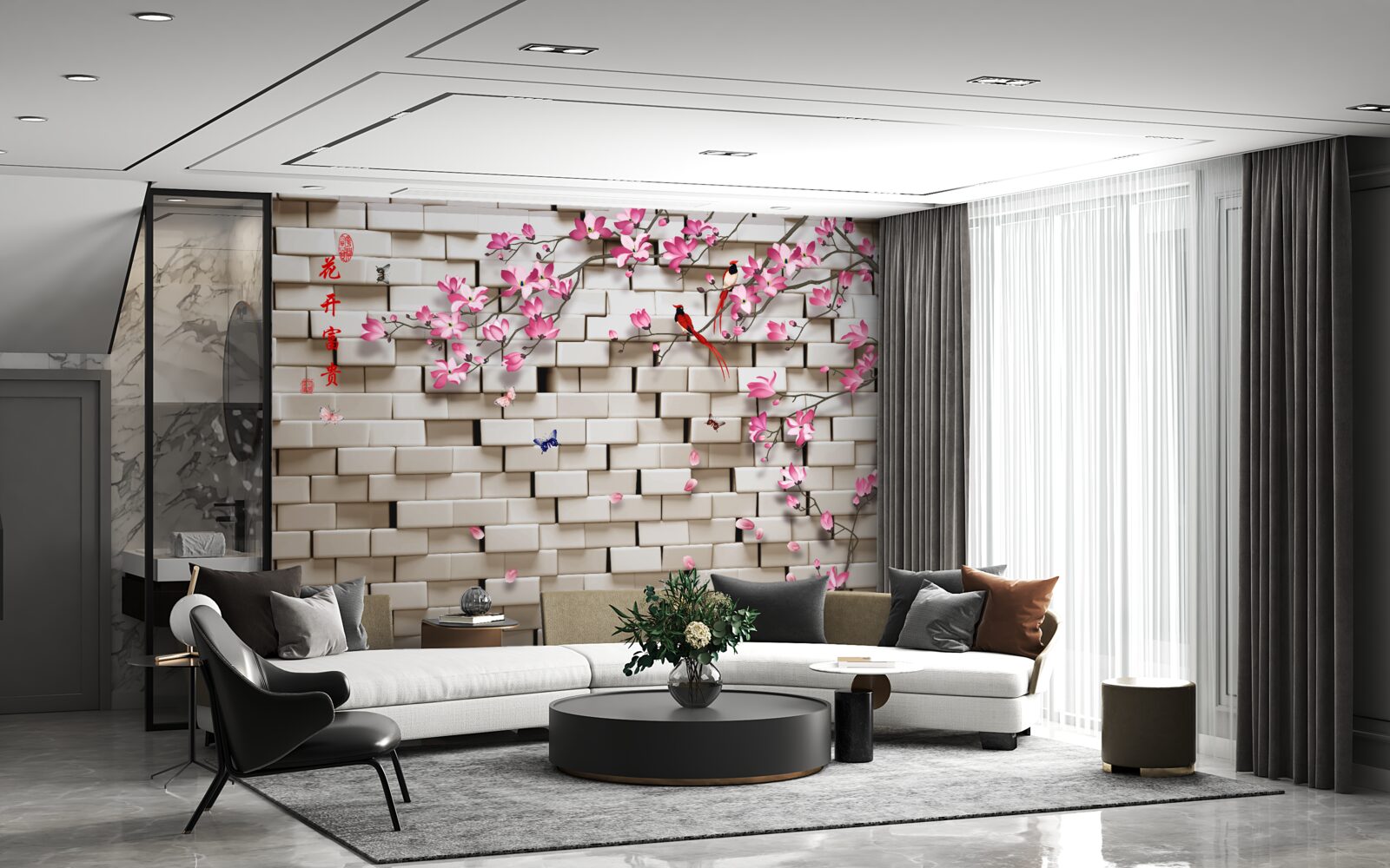 Фотошпалери кам'яна стіна та рожеві квіти