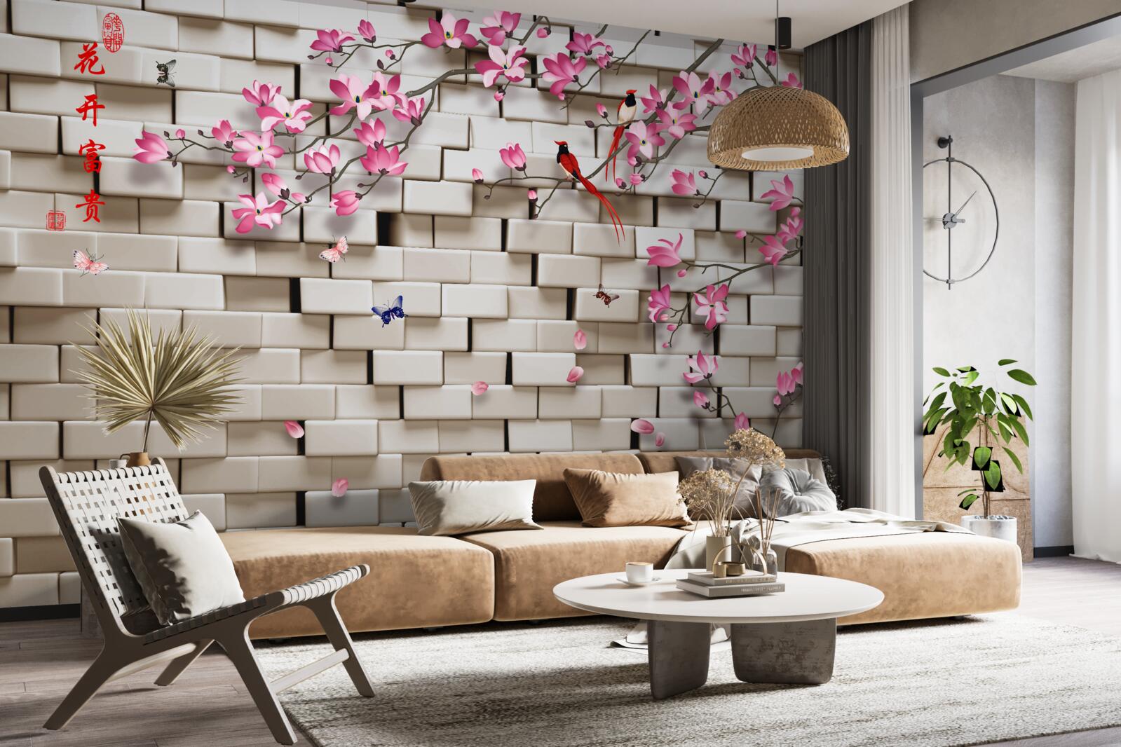 Фотошпалери кам'яна стіна та рожеві квіти