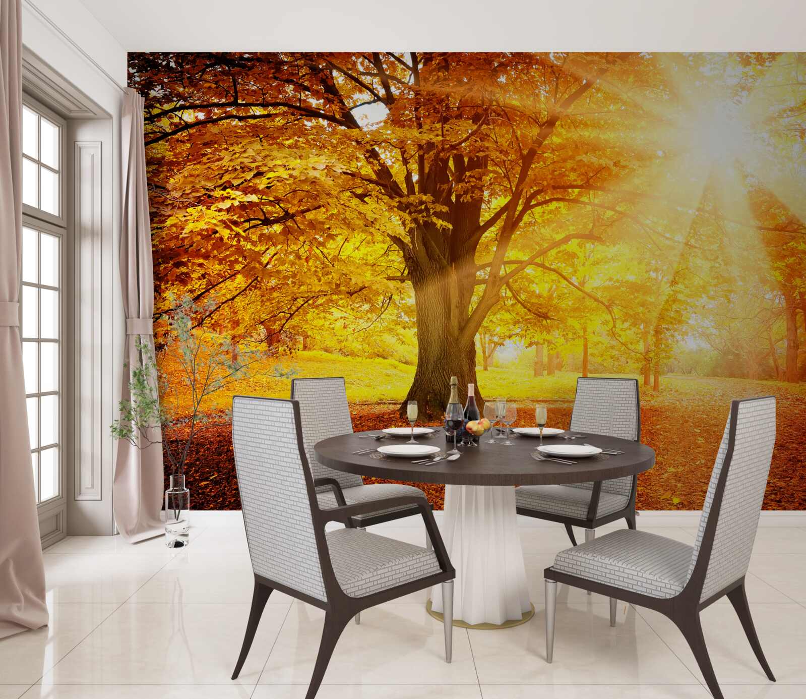 Фотошпалери яскраве світло сонця пробивається крізь осінню імлу лісу