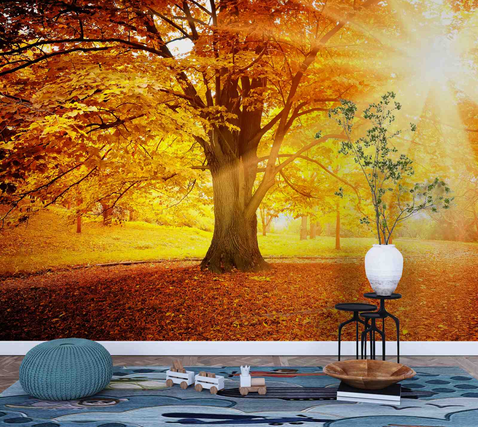 Фотошпалери яскраве світло сонця пробивається крізь осінню імлу лісу