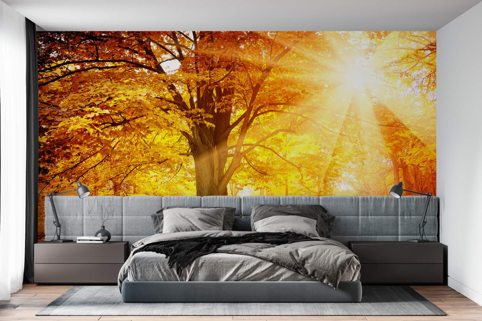 Фотошпалери яскраве світло сонця пробивається крізь осінню імлу лісу