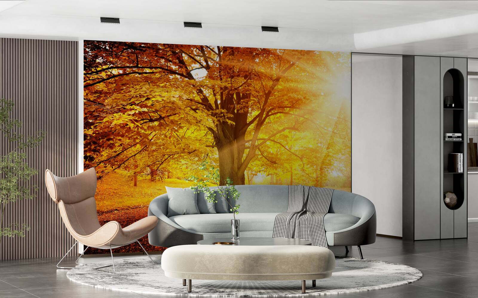 Фотошпалери яскраве світло сонця пробивається крізь осінню імлу лісу