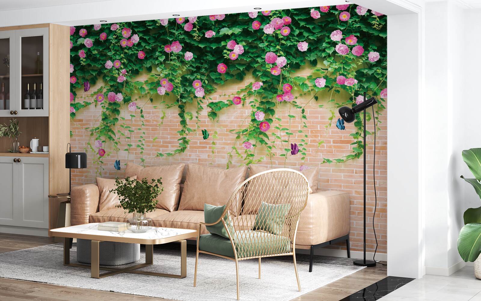Фотошпалери ніжно-рожеві троянди на цегляній стіні